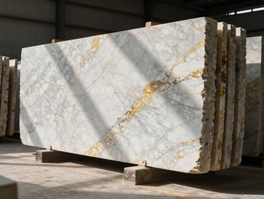 Side-lit industrial view of a premium stone yard, massive slabs of highly veined white and gold marble stacked neatly, dramatic shadows, architectural scale.