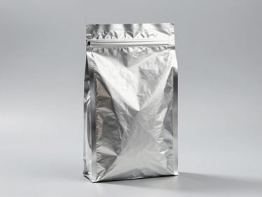 Sharp studio product photography of a custom-printed matte barrier foil mylar bag standing upright on a clean slate-gray surface under bright high-contrast industrial studio lighting