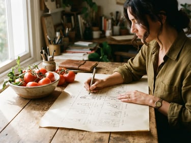 Warm editorial photography of a designer sketching a storyboard on parchment paper next to a bowl of ripe crimson tomatoes, soft natural daylight, high-contrast shadows, 35mm.