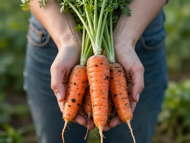 Hands holding freshly harvested carrots with rich dark soil still attached, soft morning light, 35mm