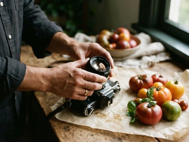 Close-up of hands adjusting a vintage camera lens over a rustic table with fresh heirloom tomatoes and parchment paper, soft natural daylight, editorial 35mm