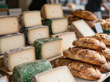 A vibrant local food market stall with artisanal cheeses and fresh sourdough bread, soft daylight, 35mm