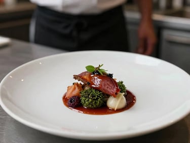 Close-up of a chef plating a delicate dish in a moody, low-light Scandinavian kitchen, 35mm