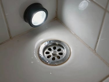 Shower floor drain surrounded by standing water in a Brussels tiled bathroom, chrome drain cover partially removed, work-light from above, no person, documentary realism