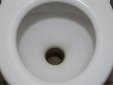 Extreme close-up of a blocked white toilet bowl, dark clog visible at the drain opening, work-light from above, no person, gritty documentary realism
