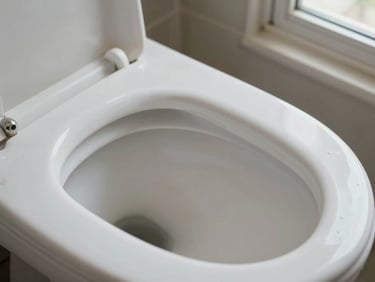 Extreme close-up of a blocked toilet bowl with standing water, natural bathroom window light, ceramic surface visible, documentary style