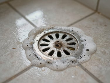 Shower floor drain blocked with hair and soap buildup, water pooling around it, bathroom tiles visible, natural window light, close-up documentary shot