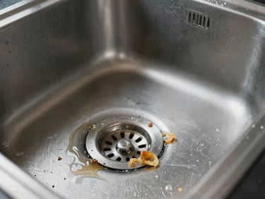 Close-up of a kitchen sink drain completely blocked with grease and debris, stainless steel basin, natural window light from the left, water standing still, no person