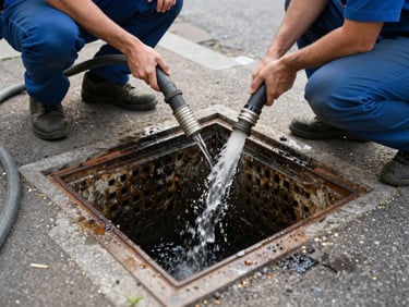 Street-level view of an open manhole in a Brussels residential street, plumber crouched at the edge feeding a high-pressure hose into the sewer, natural daylight, no face visible, grime and water visible inside the drain