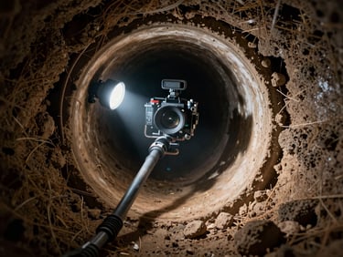 Underground sewer pipe inspection with camera light illuminating a heavily blocked clay pipe, dark tunnel environment, professional camera probe visible, documentary realism