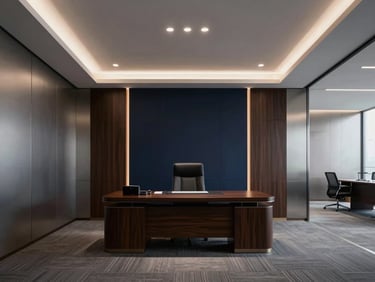 Elegant private office interior, clean symmetrical lines, steel and dark wood details, soft dramatic lighting, high-end professional atmosphere