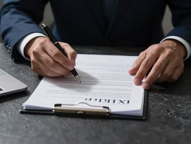 Close-up of hands reviewing corporate legal contracts on a dark slate desk, dramatic side-lighting, high contrast, professional executive tone