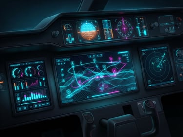 Sleek 3D vector illustration of a futuristic digital flight instrument panel with glowing cyan flight paths, dark mode aesthetic, high-tech digital glow