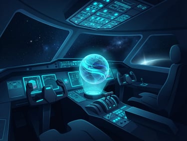 Sleek 3D vector illustration of a futuristic flight deck with neon cyan instrument panels, glowing holographic globe, dark mode aesthetic