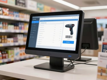 Front-facing product mockup of a desktop POS terminal in a bright retail store, displaying a clean inventory management interface with barcode scanning and fast checkout panels