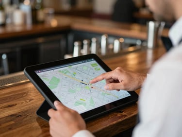 Over-the-shoulder shot of a waiter tapping the visual table map module on a tablet screen in a busy daytime bar.