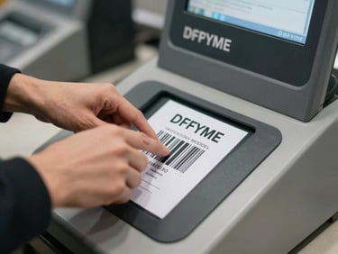 Close-up of hands scanning a product barcode at a modern retail checkout terminal showing the DFPYME inventory module.