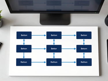 Overhead flat lay of a clean desktop displaying a structured, node-based workflow diagram on a monitor, electric blue lines connecting data blocks, high contrast, technical precision.