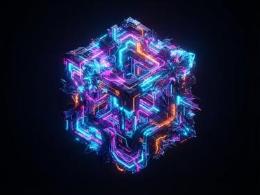Surreal digital art, high-contrast neon luminescence, deep shadows, ultra-detailed synthetic textures, octane render, a centered impossible perspective of a floating geometric monolith in a dark void