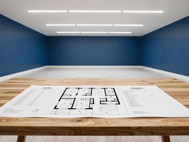 Architectural rendering of a modern basement renovation plan, showing timelines and permit documents on a desk, clean light.