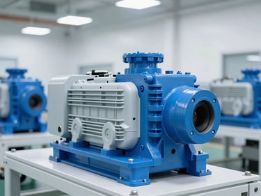 Close-up of heavy-duty industrial gearboxes on an assembly line, crisp high-key industrial lighting