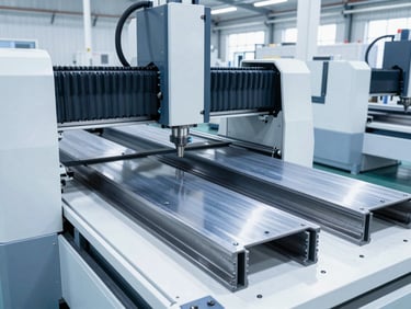 Precision-cut steel components on a clean factory floor showing advanced CNC machinery