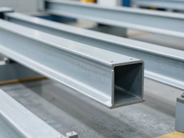 Close-up of industrial steel racking beams, clean factory floor, cool-toned technical studio lighting, sharp focus