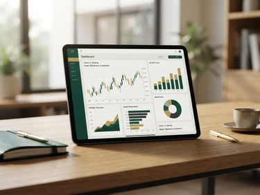 Sleek digital mockup of financial planners on a tablet screen, soft natural morning light, deep emerald accents, clean professional workspace