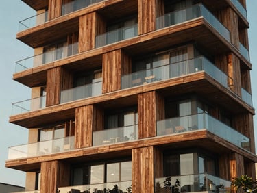 Façade contemporaine d'un immeuble résidentiel de standing à Cotonou, balcons en verre, finitions en bois précieux, lumière naturelle de fin de journée.