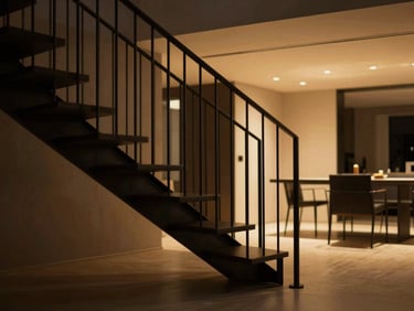 Bespoke minimalist metal staircase railing and custom steel furniture inside a luxury modern home, warm interior lighting.