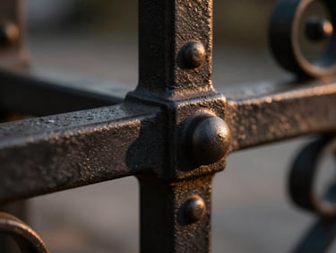 Close-up of a hand-forged architectural iron joint, matte black texture with subtle bronze highlights, dramatic side lighting, shallow depth of field.