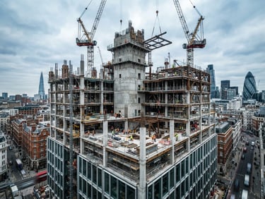 Wide-angle architectural photograph of a London commercial concrete and steel structure mid-build, cool overcast daylight, high contrast, 35mm lens