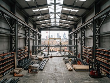 Interior of an organized industrial construction warehouse in London, structural steel beams, organized material staging, cool overcast daylight, high contrast