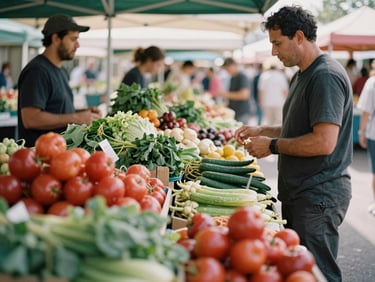 A wide shot of a bustling local farmers market stall, showcasing fresh, vibrant produce under soft natural daylight, with a farmer interacting with customers, rich crimson and muted green tones, 35mm film style.