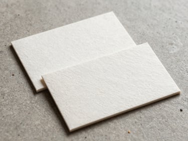 A flat-lay photograph of heavy cotton paper business cards with deep blind debossing, casting soft shadows on a neutral stone surface