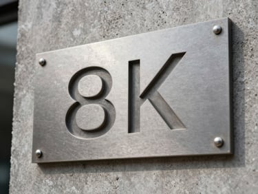 A close-up shot of a physical steel signage plate with crisp engraved typography, mounted on a textured concrete wall under soft daylight