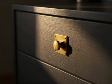 Close-up of brushed gold hardware detail on a dark cabinet drawer, soft golden-hour light, high contrast shadow