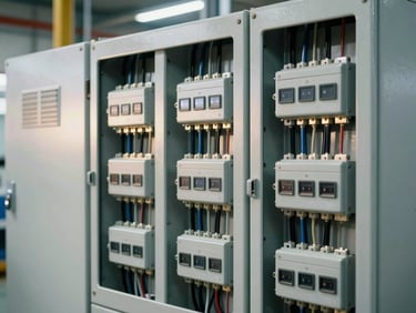 Industrial electrical switchgear panels with neatly organized wiring in a well-lit facility, crisp daylight, high detail.