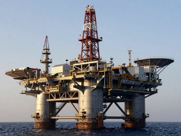 Offshore oil rig platform in the Arabian Gulf at dawn, industrial photography, sharp crisp daylight, cool steel tones.