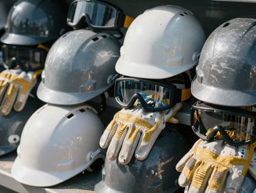 Close-up of various safety equipment items like helmets, gloves, and goggles neatly stacked, crisp daylight, high detail.