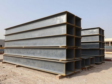 Wide shot of a construction site in Dubai, large structural steel beams stacked, clear daylight, industrial commercial photography.