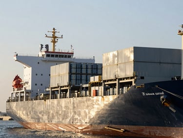 Large cargo ship docked in Dubai port, marine supplies being loaded onto deck, clear daylight, high detail industrial photography.
