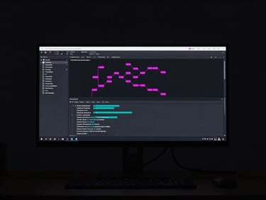 Minimalist tech workspace, a wide monitor displaying clean node-based automation workflows, subtle fuchsia glowing lines, moody low-key lighting, 35mm