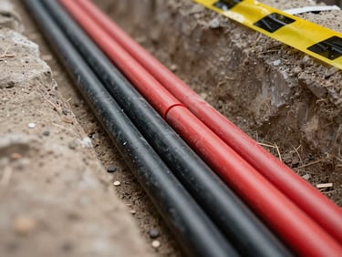 Thick red and black medium-voltage cables laid neatly side-by-side in a clean trench, warning tape visible.