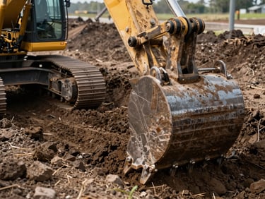 Close-up of a 2.5-ton excavator bucket digging a precise trench in dark Dutch clay, high contrast, industrial daylight.