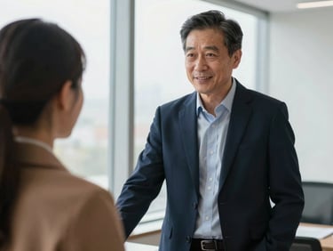 editorial corporate photography, a senior executive mentoring a younger leader in a modern office, soft window light, professional trust, deep navy and bronze tones, 35mm