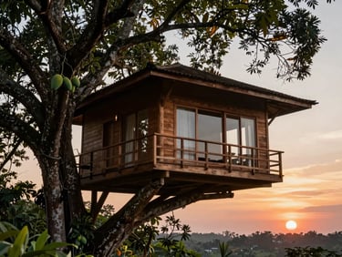 Elegantly constructed wooden eco-lodge pavilion perched high in an old-growth mango tree canopy, sunset sky background.