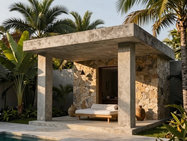 Architectural concrete and local stone pavilion of a luxury wellness spa, surrounded by lush green palms, golden hour light.