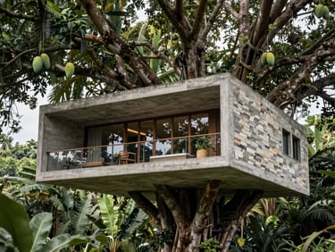 A modern eco-friendly treehouse resort built into old growth mango trees, architectural concrete meeting natural Zanzibari stone