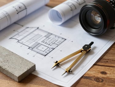 A close-up of architectural blueprints laid out on local teak wood, with a concrete sample and brass compass, crisp midday light